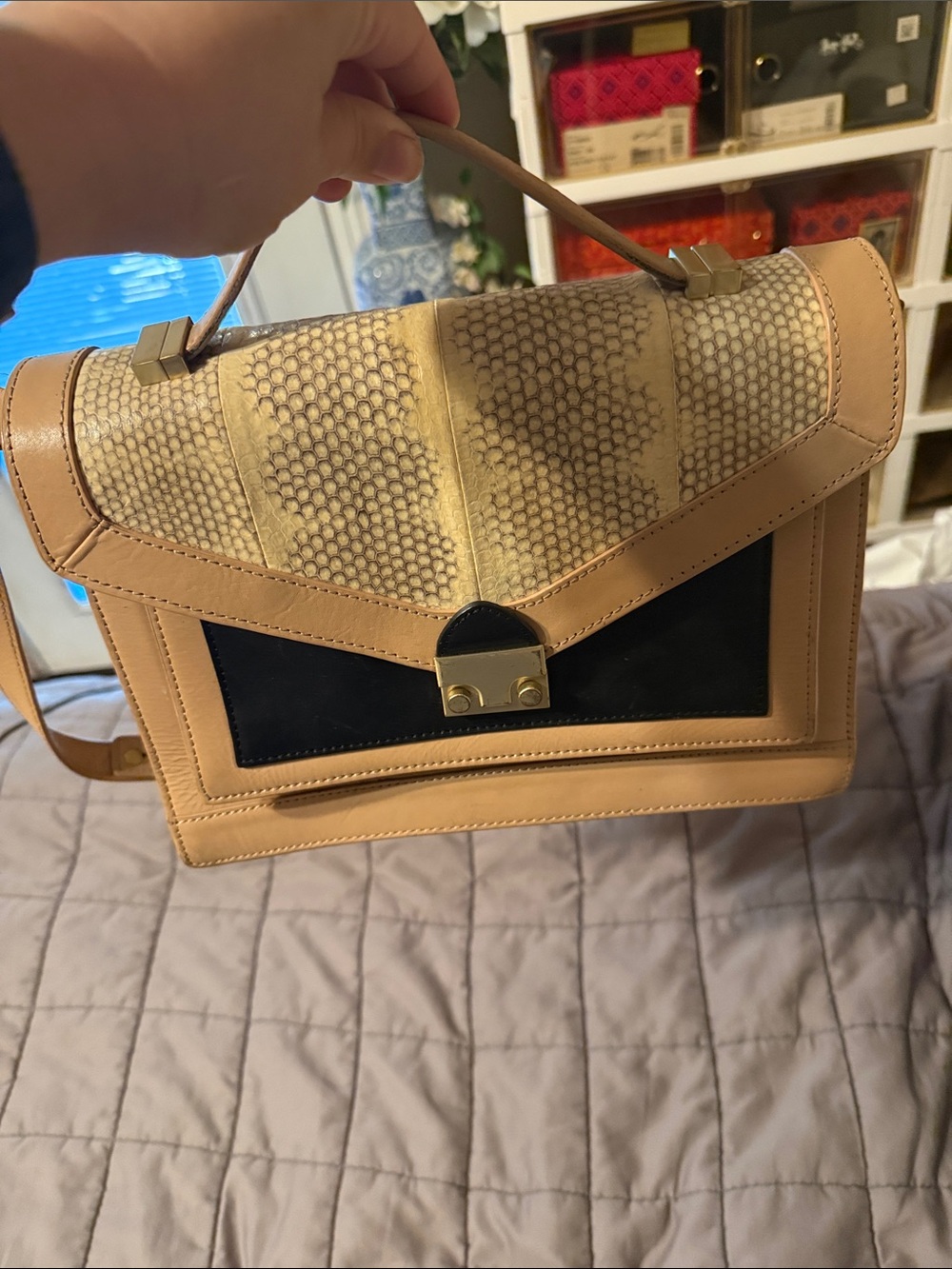 Loeffler Randall Beige and Black Top-Handle Satchel